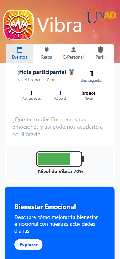 Pantalla de actividades Vibra